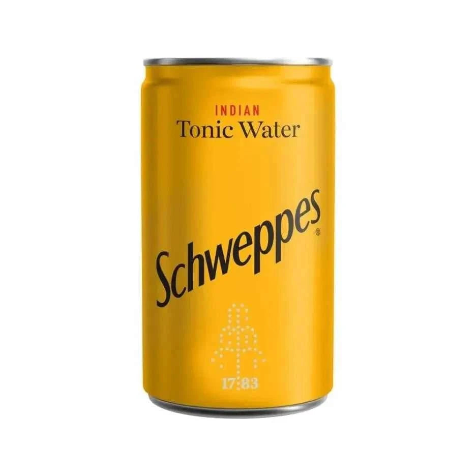 Schweppes Indian Tonic Water can, refreshing drink, perfect for cocktail mixers and champagne gift delivery in London.